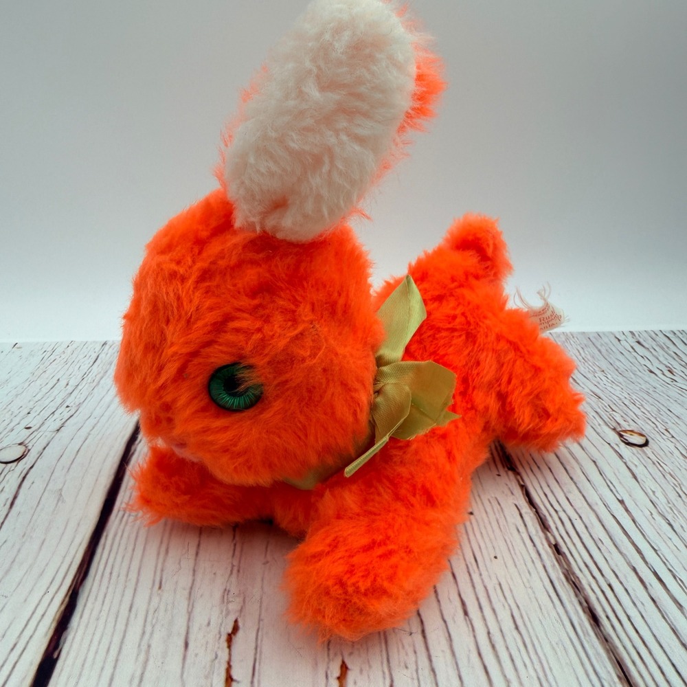 Rushton Company Vintage Neon Orange Plush Bunny Rabbit Green Eyes White Ear 7.5"